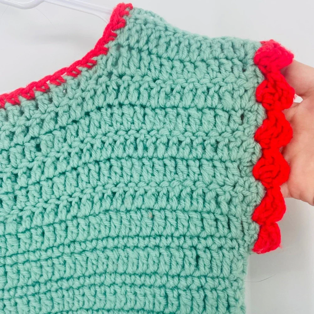 Handmade‎ Crochet Crop Top Mint Green Red Boho Festival Sleeveless Boat Neck